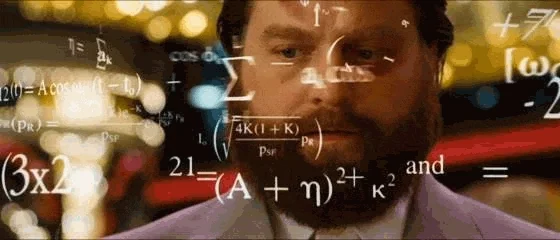 Man surrounded by floating maths equations, thinking hard