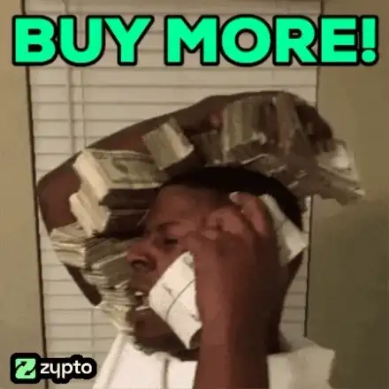 Man covered in stacks of cash with the words buy more