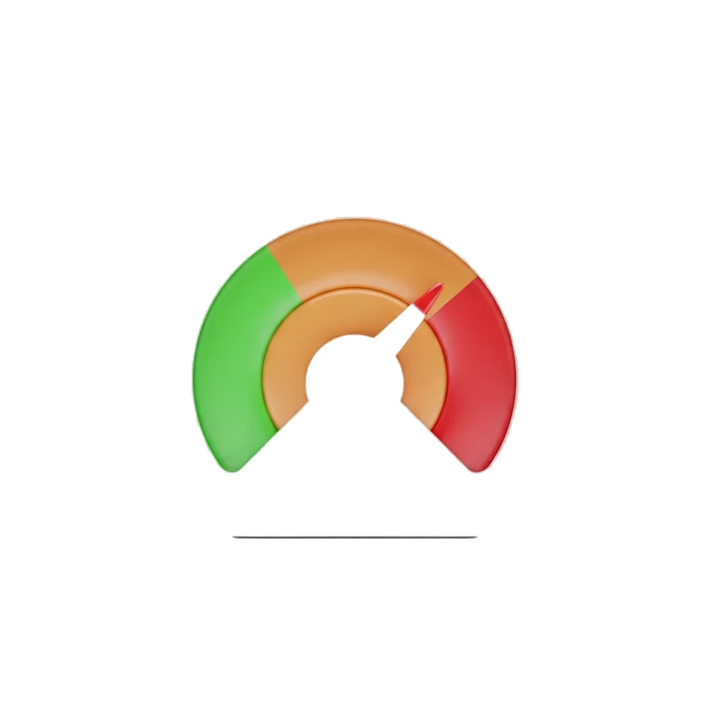 A gauge with a wide green zone, a smaller amber zone and a small red zone