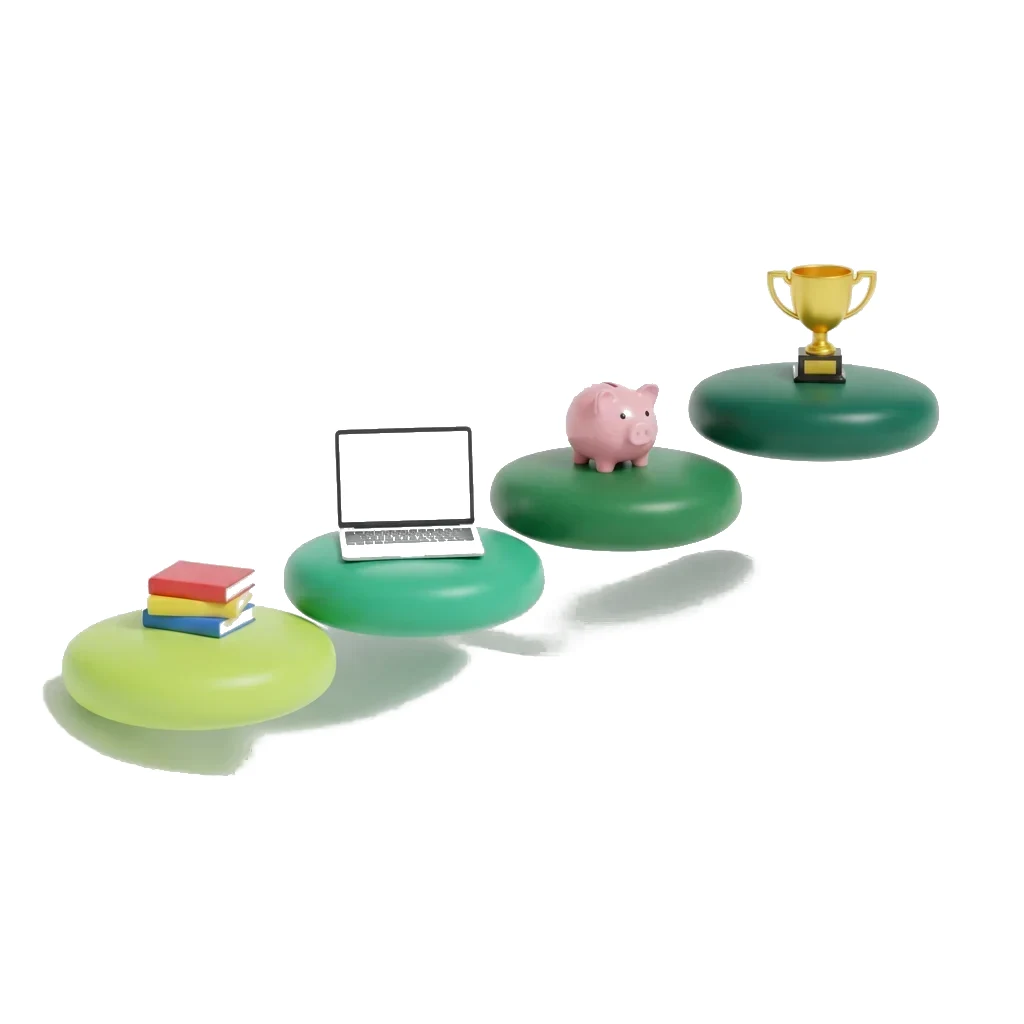 Four ascending stepping stones: books, a laptop, a piggy bank, a trophy