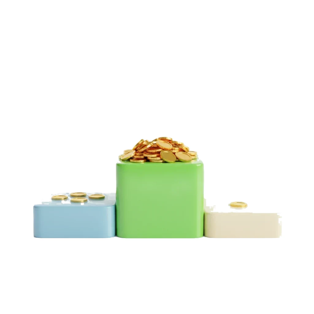 A three-tier podium holding many coins, a few coins and one lone coin