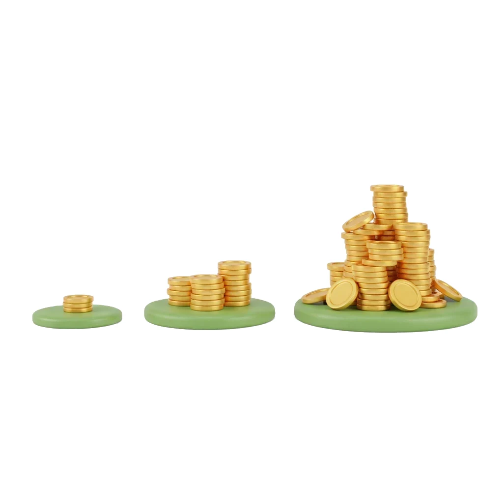 Three piles of gold coins increasing in size on green platforms