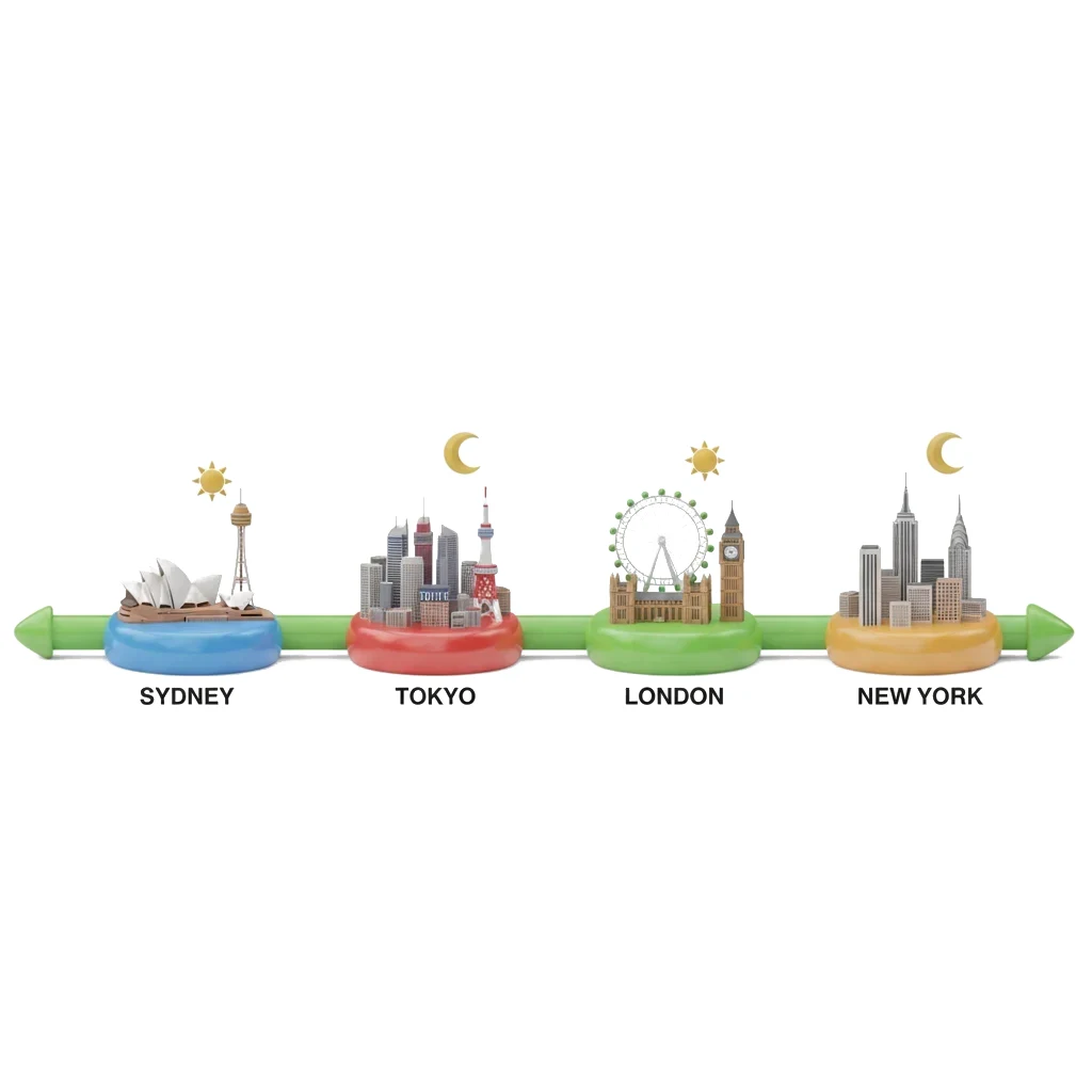 Batons passed in a relay around a globe with four city skylines