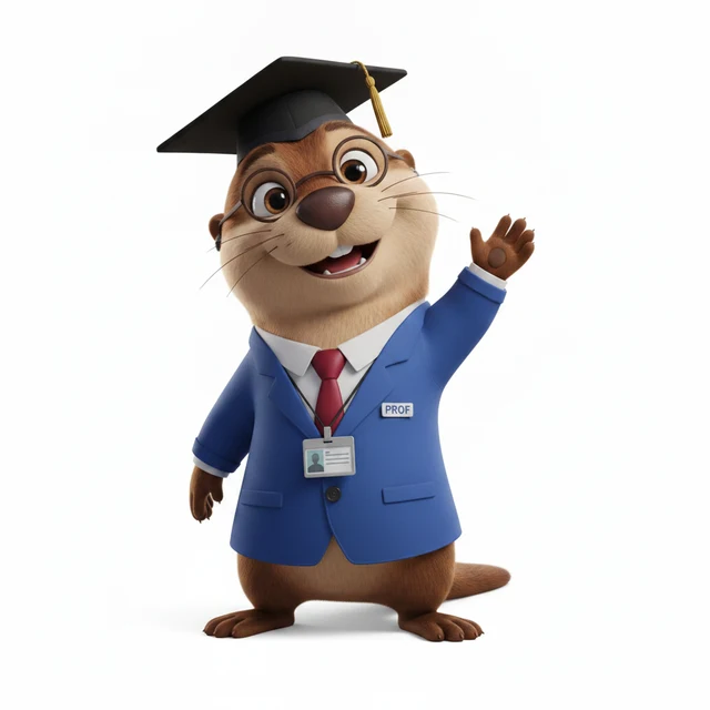 Professor Ollie, a friendly otter wearing a graduation cap and trading jacket, waving hello